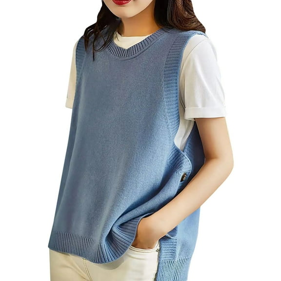 RMGVDSD Women's Sleeveless Sweater Vest Loose Fit Crew Neck Pullover Ribbed Knit Sweater Vest Tops Fall Clothes Solid Color Soft Sweater Fashion Outfit /Blue