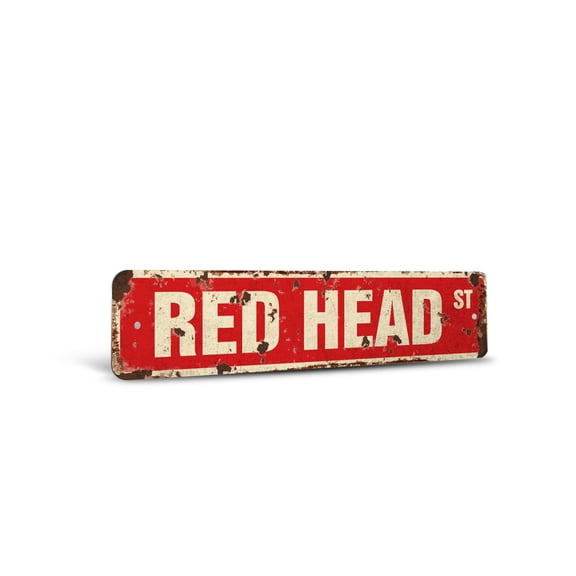 RED HEAD Vintage Style Rustic Street Sign – Hair Redhead Dye Beautician Retro Decorative Wall Sign for Home, Bar, Garage, or Outdoor Use | 4" X 18" Aluminum Metal Road Sign