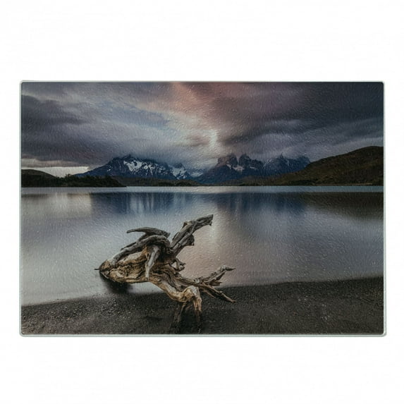 Driftwood Cutting Board, Driftwood on the Coast with Reflection of the Mountains in the Lake Digital Image, Decorative Tempered Glass Cutting and Serving Board, Small Size, Redwood, by Ambesonne