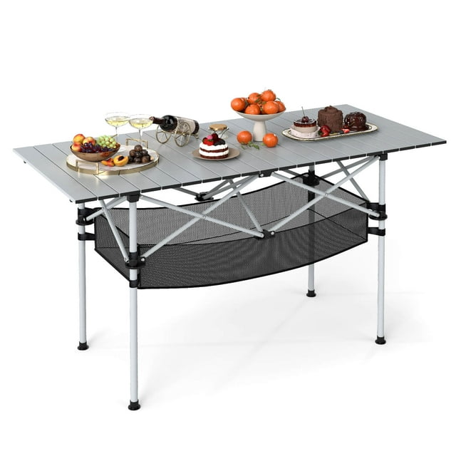 Costway Patio Folding Camping Table with Aluminum Roll-up Tabletop & Mesh Basket Silver