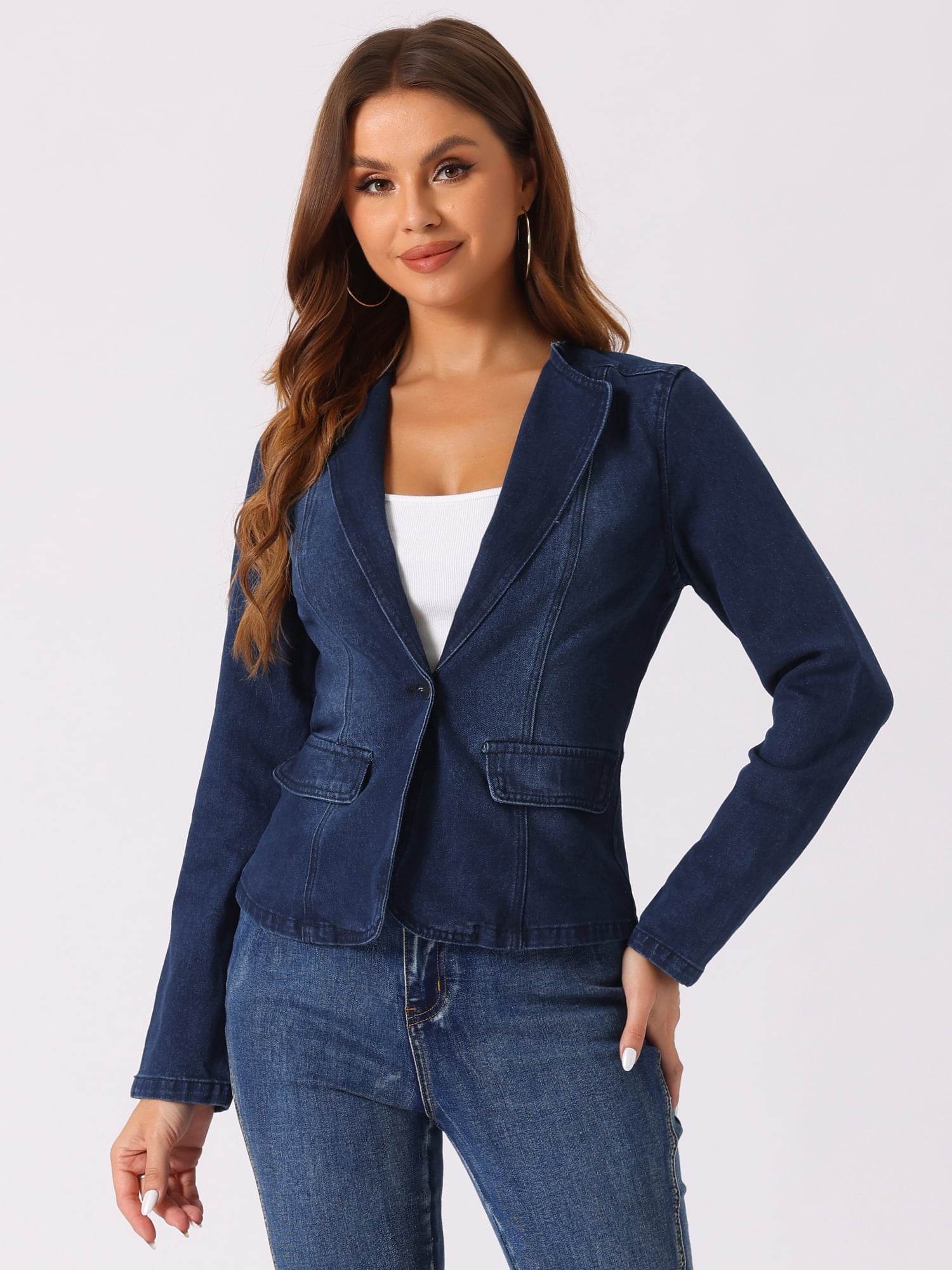 DARING DIVA Women's Lapel Collar Jean Jacket One Button Work Denim Blazer XS Deep Blue