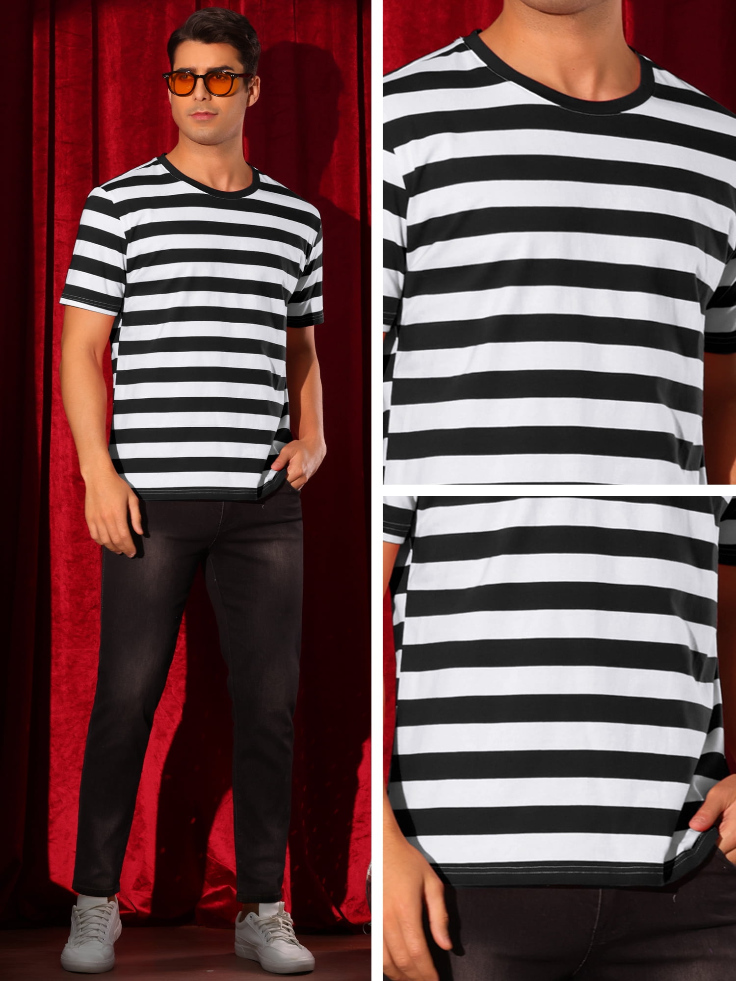 DARING DIVA Men's Striped Short Sleeve Crew Neck Casual Stripes T Shirt S Black White