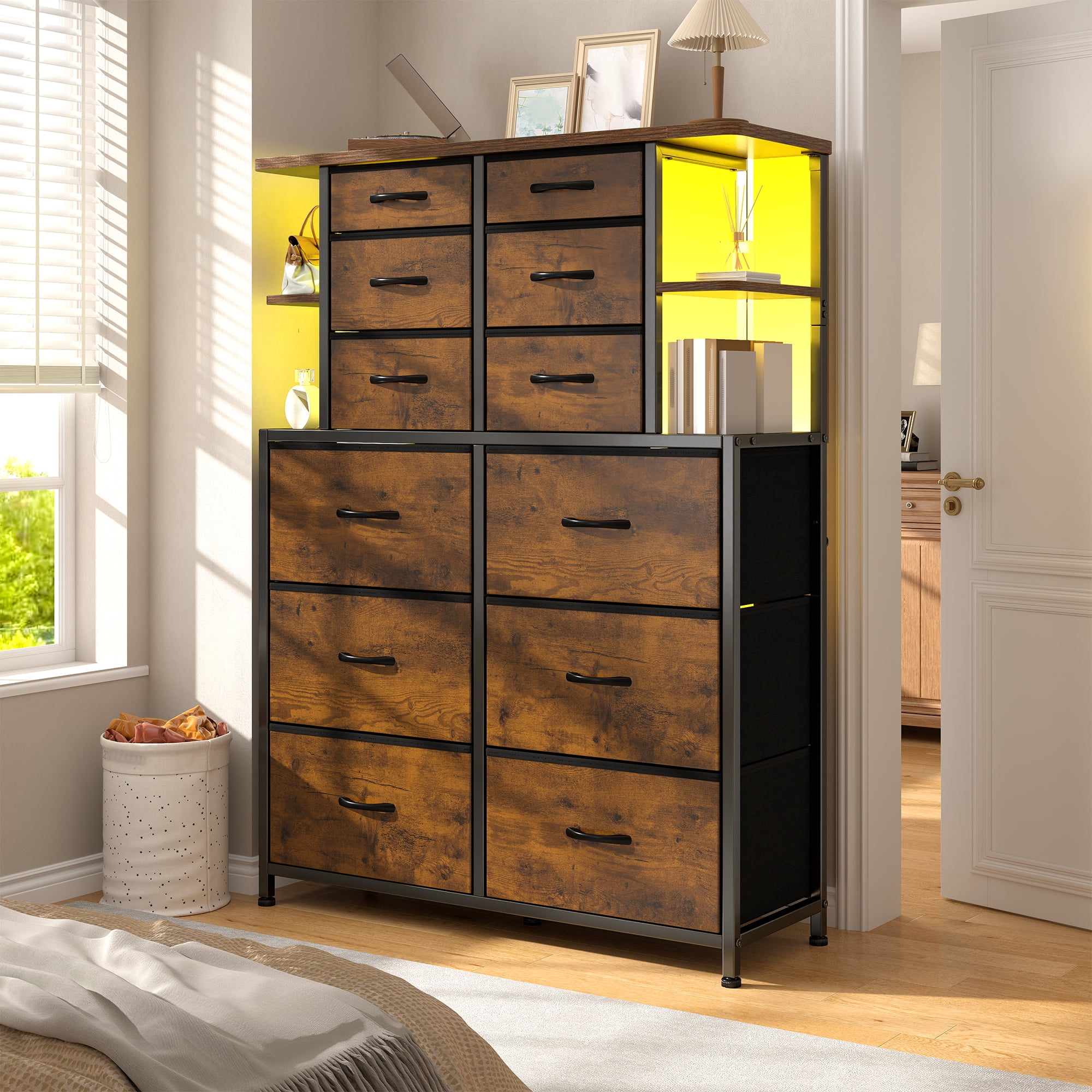 Romorgniz Tall Dressers for Bedroom with 12 Fabric Drawers and Open Shelves Dressers & Chests of Drawers with LED Lights, Metal Frame, Rustic Brown
