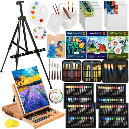 Nicpro 158PCS Deluxe Large Painting Kit with Metal and Solid Beech Wood Easel, Acrylic, Oil & Watercolor Paint Set, Paint Brushes, Canvases, Palette, Paper Pad, Professional Art Set for Adults Artist