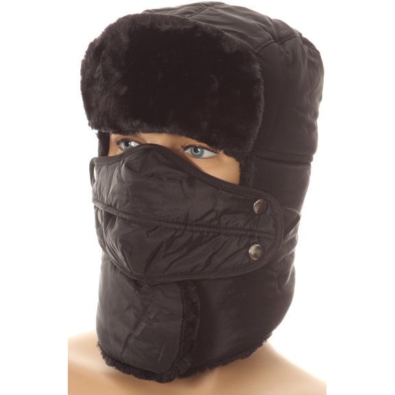 Sakkas Dab Unisex Faux Fur Chin Strap Removable Face Mask Winter Cold Trooper Hat - Black - One Size Regular