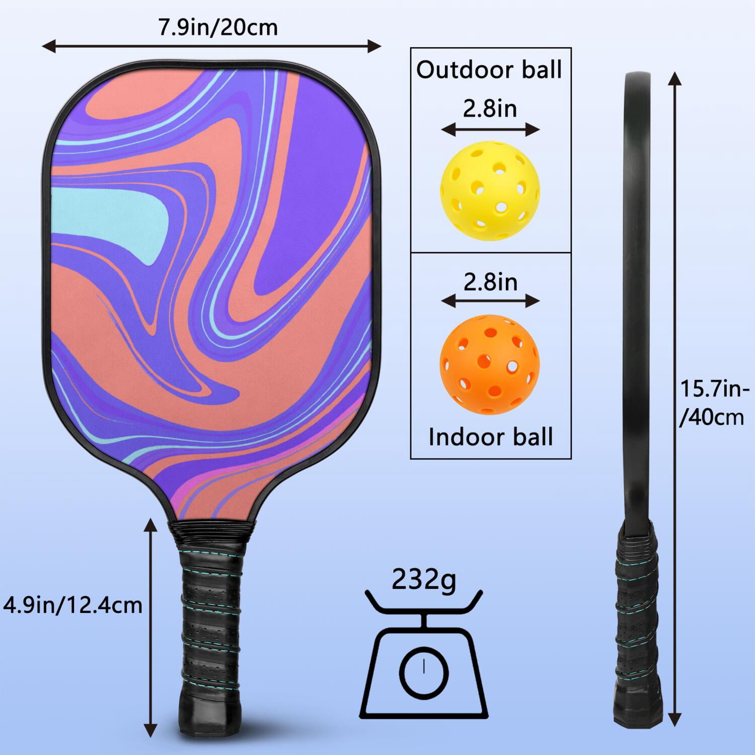 Pickleball Paddles Set Of 1, Fiberglass Surface, Liquid & Marble Print, 1 Paddles, 2 Balls & Bag
