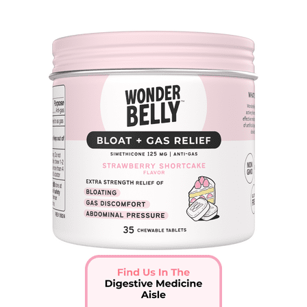 Wonderbelly Bloat and Gas Relief Chewable Tablets, Strawberry Shortcake Flavor, 125 mg, 35 Count