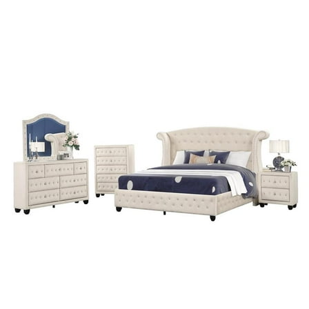 Pemberly Row Crystal Tufted 5PC Full Bedroom Set in Cream made with Wood