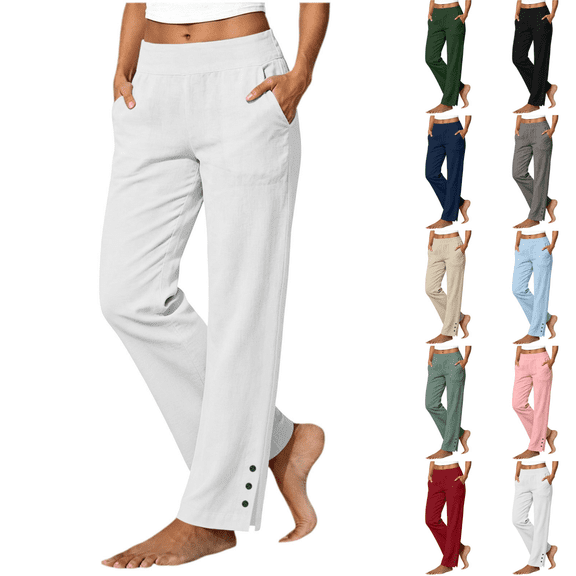 Yuanlook Ladies Relaxed Straight‑Leg Linen Blend Trousers, High Stretch Elastic Waist Functional Side Pockets Button‑Accent Split Ankle Hem Casual Pants S‑XXL