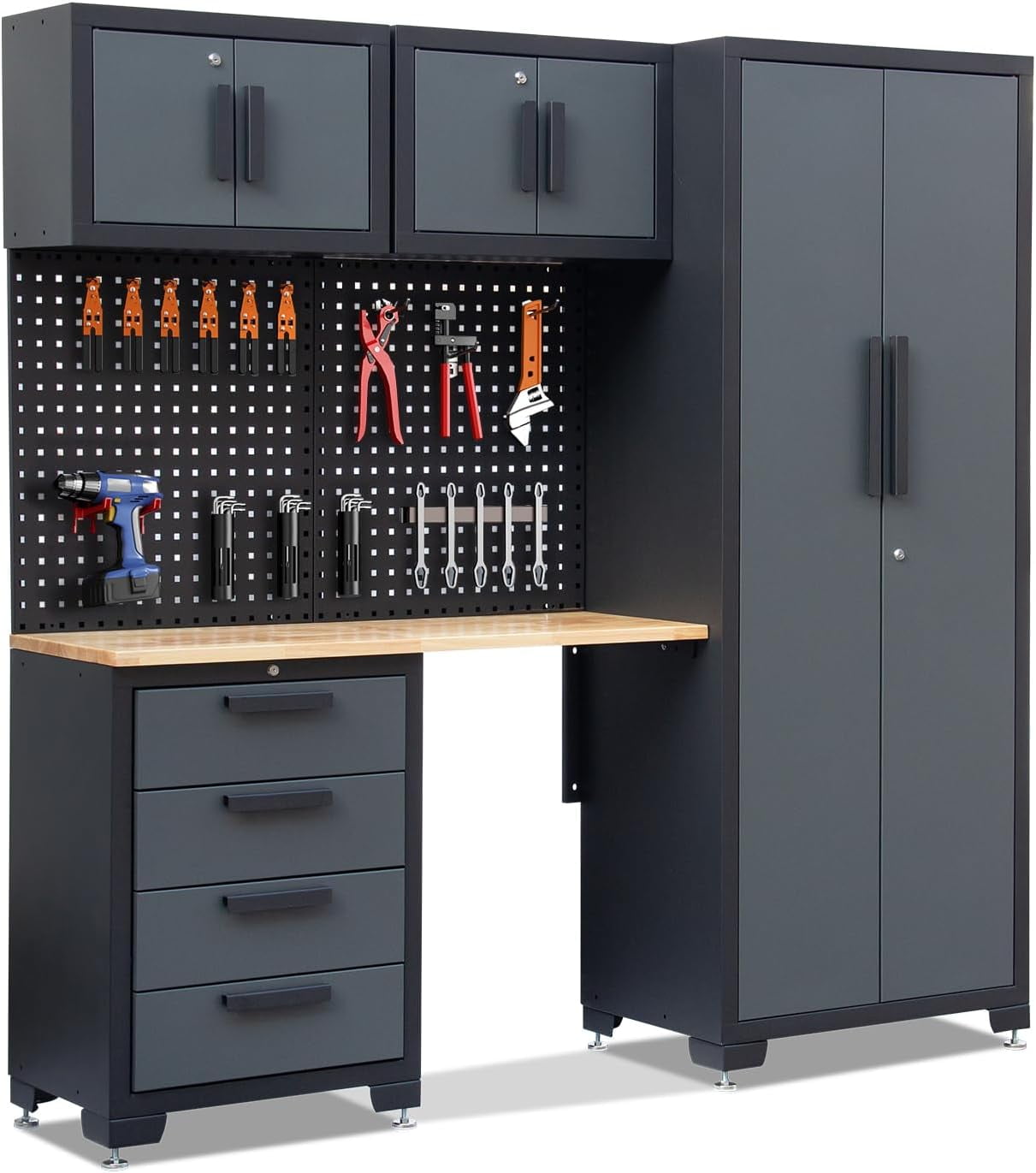 HPDMC Garage Storage Cabinet System 7-Pcs Workshop Set Metal Garage Cabinets System with Steel Cabinet Drawers, Workbench, Pegboard for Garage Tool Organization