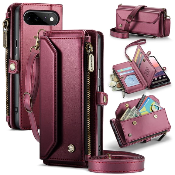 For Google Pixel 11 Pro Case Crossbody Wallet PU Leather Magnetic Flip Folio Wristlet Shoulder Strap 3-in-1 Crossbody Phone Case with Card Slots Zipper Pocket for Women Men,Hotpink