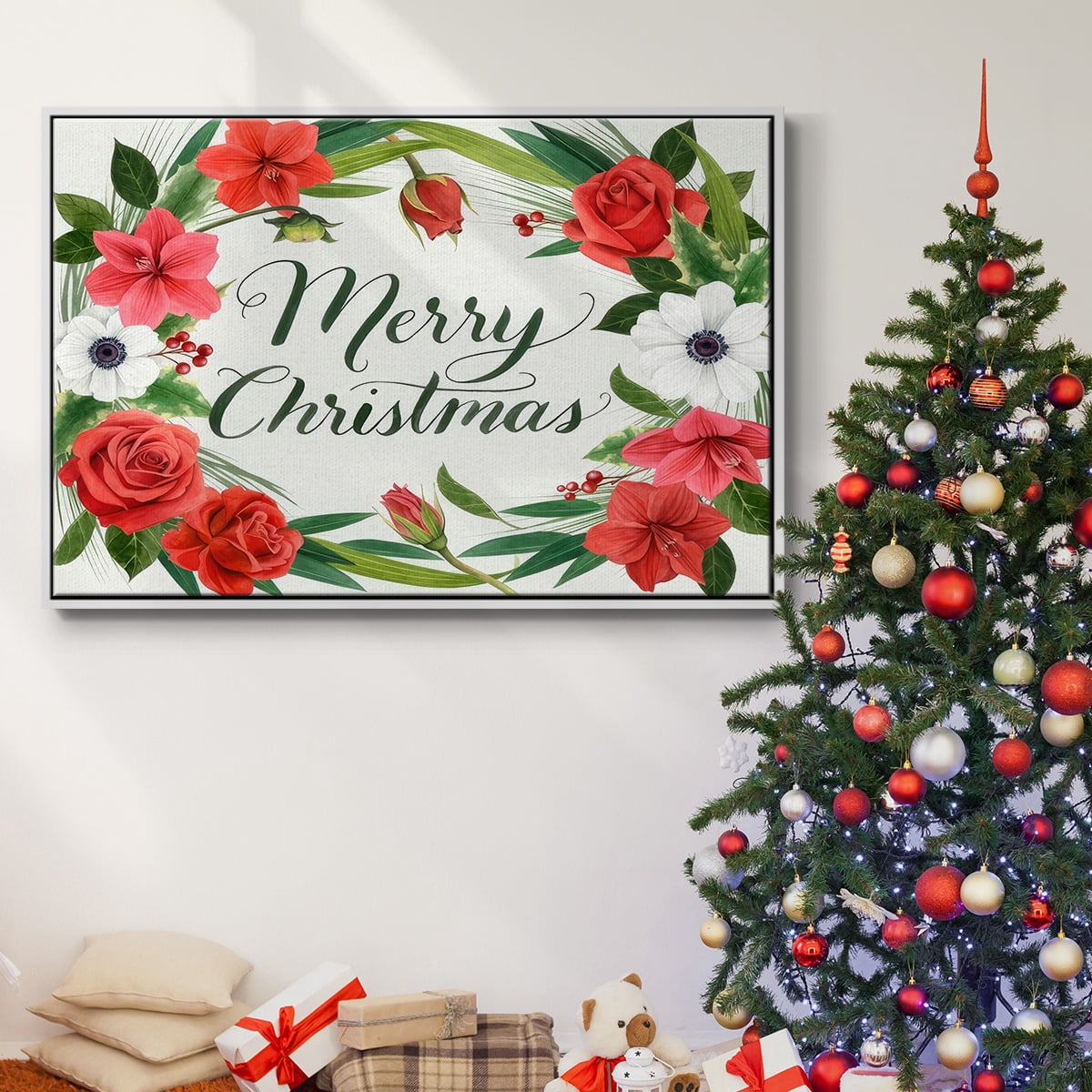 Christmas Flora Wreath Collection A - Framed Gallery Wrapped Holiday Canvas - 27 x 41 - White Frame