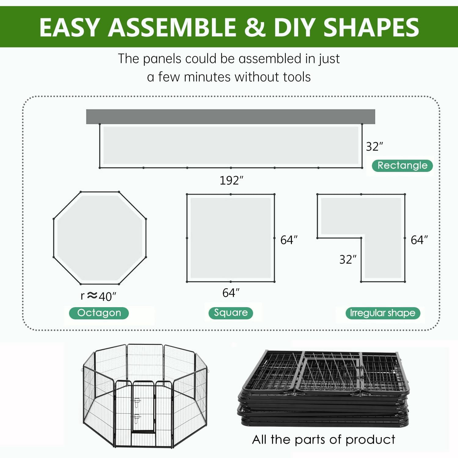 Dkelincs Heavy Duty Dog Playpen 8 Panel 40" Folding Metal Dog Exercise Pen Indoor Outdoor Dog Fence Dog Crate Cage with Door, Black