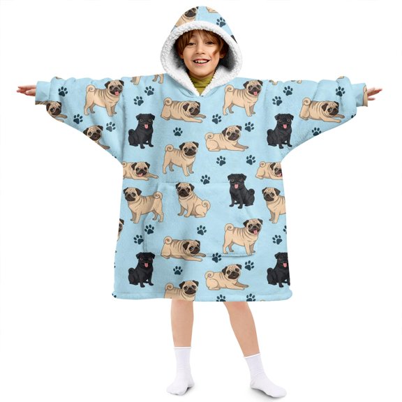 Pug and Dog Paw Print Blue Pattern Lamb Fleece Blanket Hoodies for Teens ,Teens Oversize Sherpa Wearable Hooded Blanket Sweatshirt with Super Pockets
