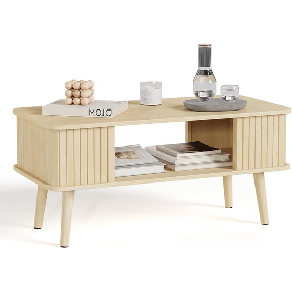 LAZZO Rectangle Coffee Table, Wood Center Table with Storage, Natural Wood