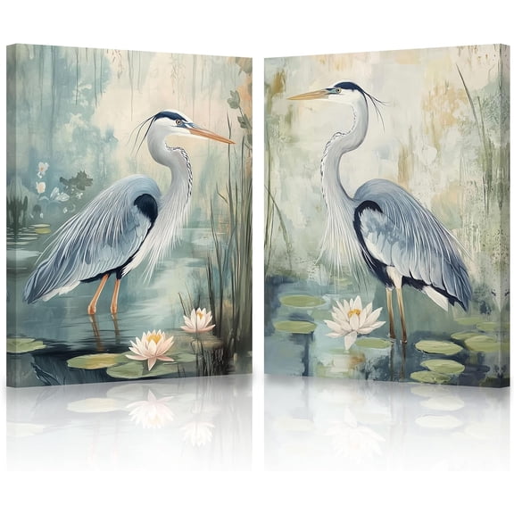 ZHONGYUTONG Blue Heron Wall Art Set of 2 Coastal Birds Canvas Pictures Beach Animal Painting Vintage Crane Print for Living Room Decor Framed (11.00" x 14.00" x 2PCS)