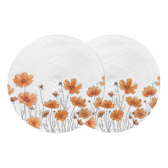 Orange Spring Floral Round 15 Inch Placemats Set of 2, Summer Botanical Watercolor Daisy HeatResistant Non Slip Place Mats for Dining Table, Wipeable Braided Kitchen Table Mats for Housewarming