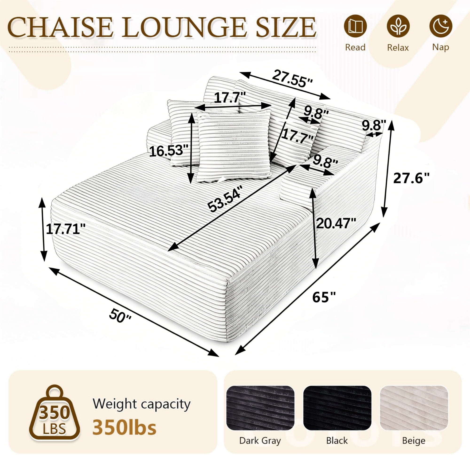 Aukfa 65" Oversized Chaise Lounge Indoor Chair Boneless Sofa Couch for Living Room, 3Pillows, Corduroy, Black