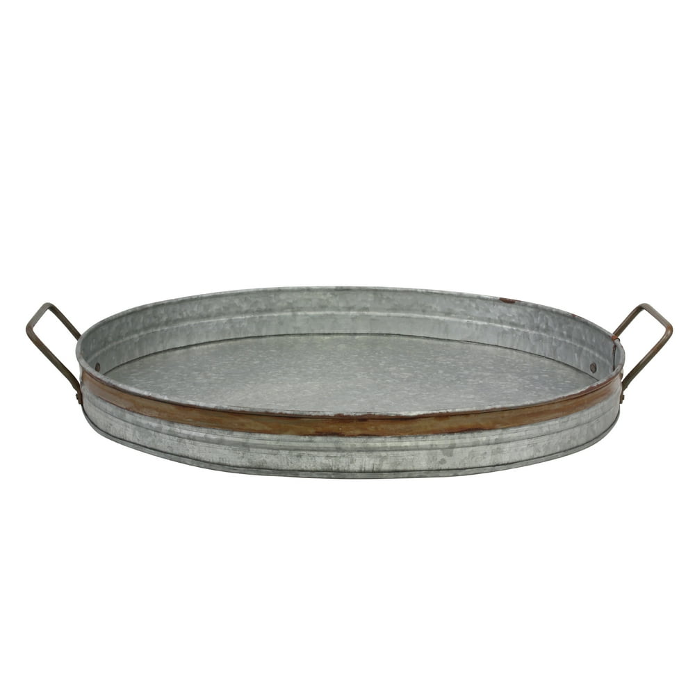 Decorative Oval Galvanized Metal Serving Tray with Rust Trim and Metal Handles