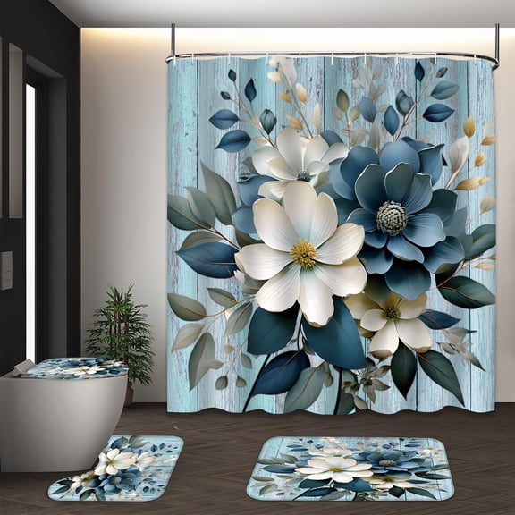 LVRLVR 1/4 Teal Floral & Distressed Blue Wood Fabric Shower Curtain Rug Set - 3D Flower Bath Mat Bathroom Decoration,Teal, 70.8" × 70.8"