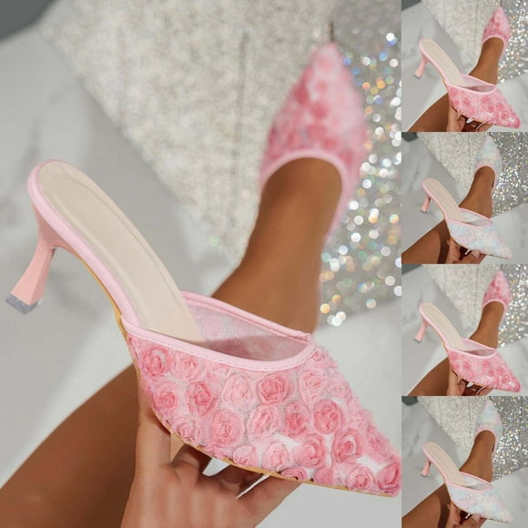Hinvhai Mesh Kitten Heels Mules for Women Closed Pointed Toe Slip on Backless Stiletto Slingback Low Heels Dress Pumps Shoes Pink 9(42)