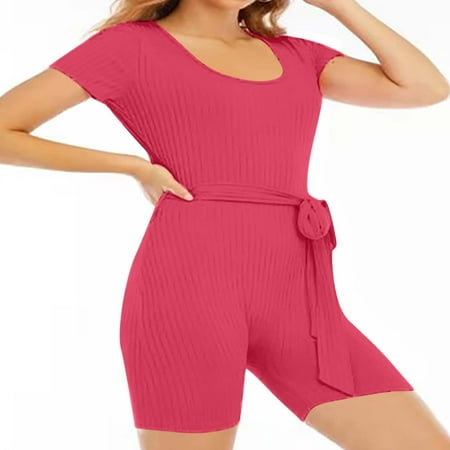 

Short Sleeve Jumpsuit for Women Sexy Scoop Neck Stretchy Ribbed Rompers Shorts One Piece Bodysuit Playsuit with Belt Womens Clothes