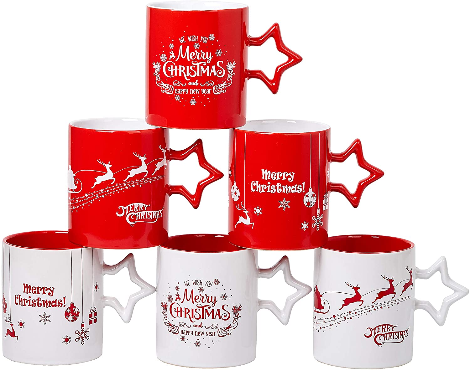 Set of 6 Christmas Coffee Mugs With Large-sized 14 Ounce Holiday Christmas Themes With Snowflake 