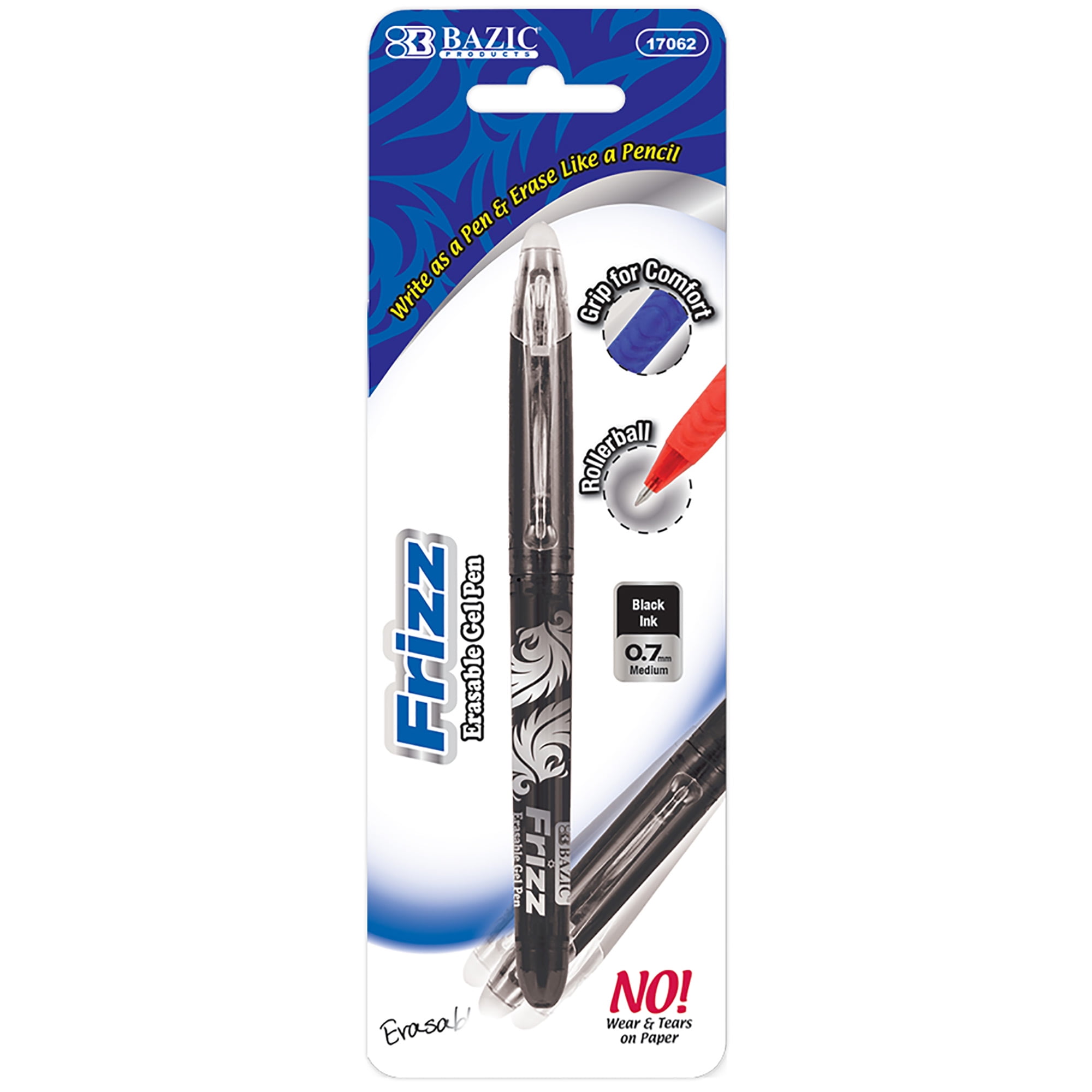 BAZIC Frizz Erasable Gel Pen 0.7mm Black Color, Fine Point Inks Pens Mistake Eraser, Smooth