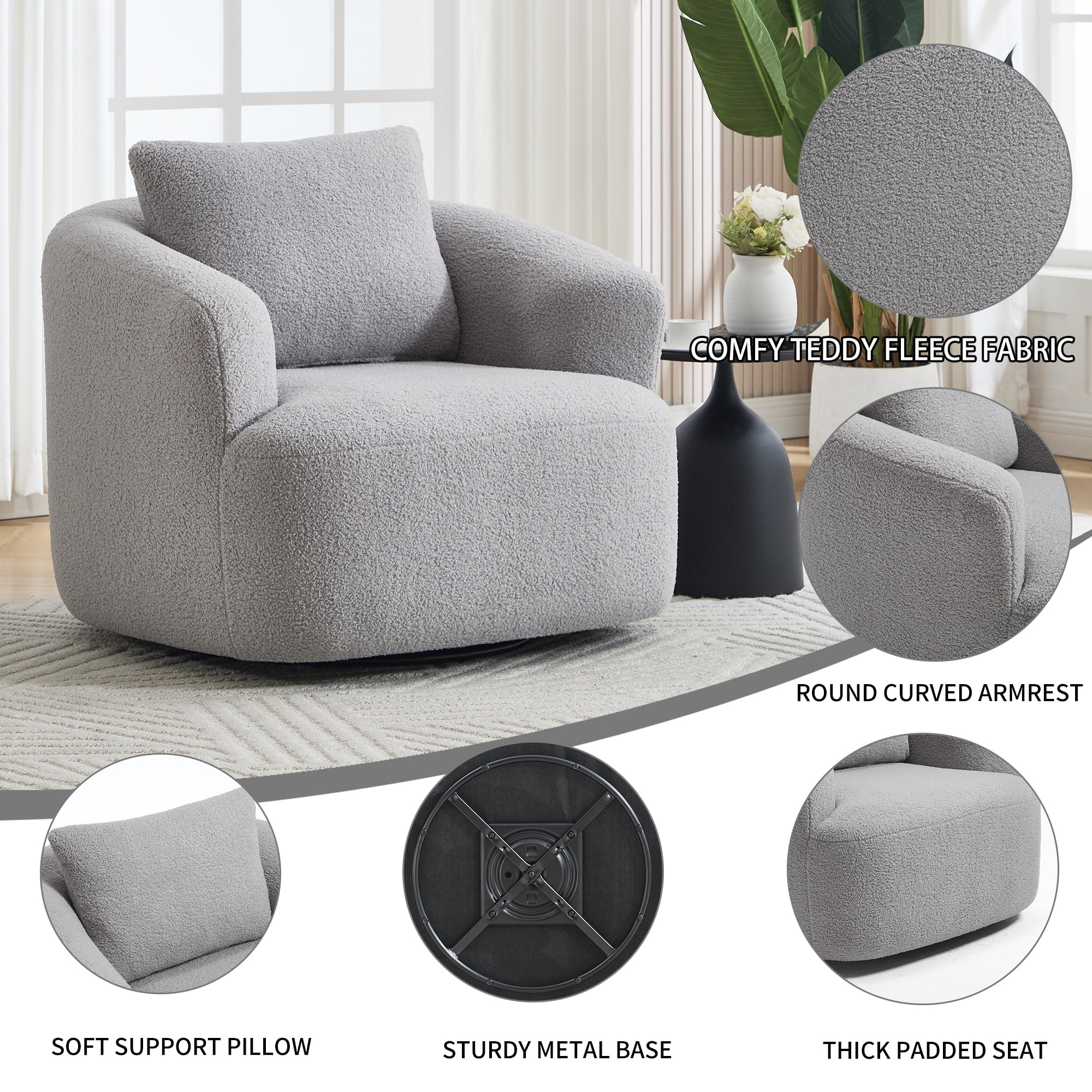 Swivel Accent Chair,360° Round Upholstered Armchair with One Soft Pillow,Teddy Fleece High-Resilience Sponge Single Sofa for Living Room, Bedroom, Apartment,No Assembly,Light Gray