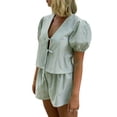 thumbnail image 1 of Gupgi Ensemble de Pyjama 2 Pcs à Rayures pour Femmes, Manches Courtes Bouffantes, Chemise à Nouer devant, Shorts à Taille Élastique, 1 of 6