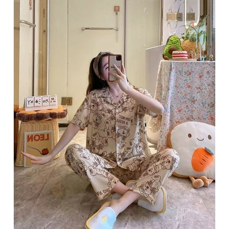 

CoCopeaunt Lapel Autumn Pajamas Women Cute Cartoon Short-sleeved Trousers Home Service Two-piece Pajamas for Women Plus Size Lingere