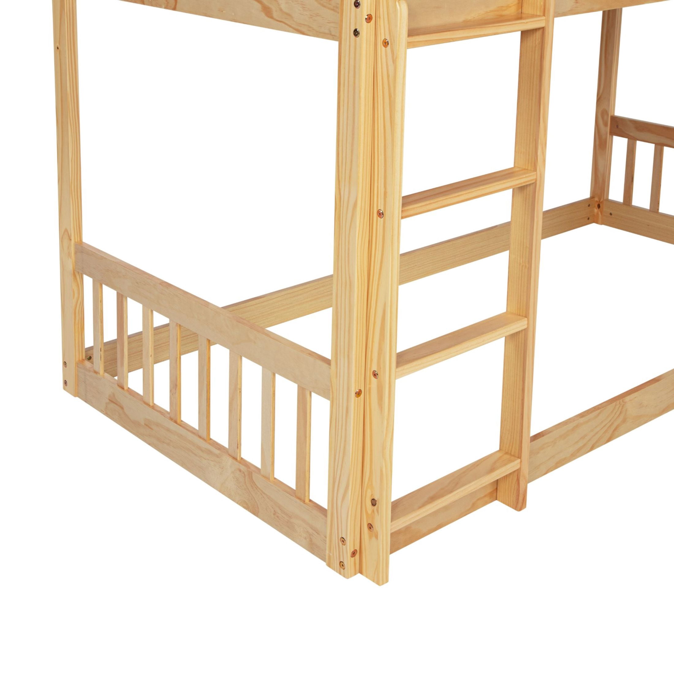 Noble House Twin Over Twin Bunk Bed, Pine Wood Frame with Climbing Ramp, Dual Ladders & Playhouse Design, Natural