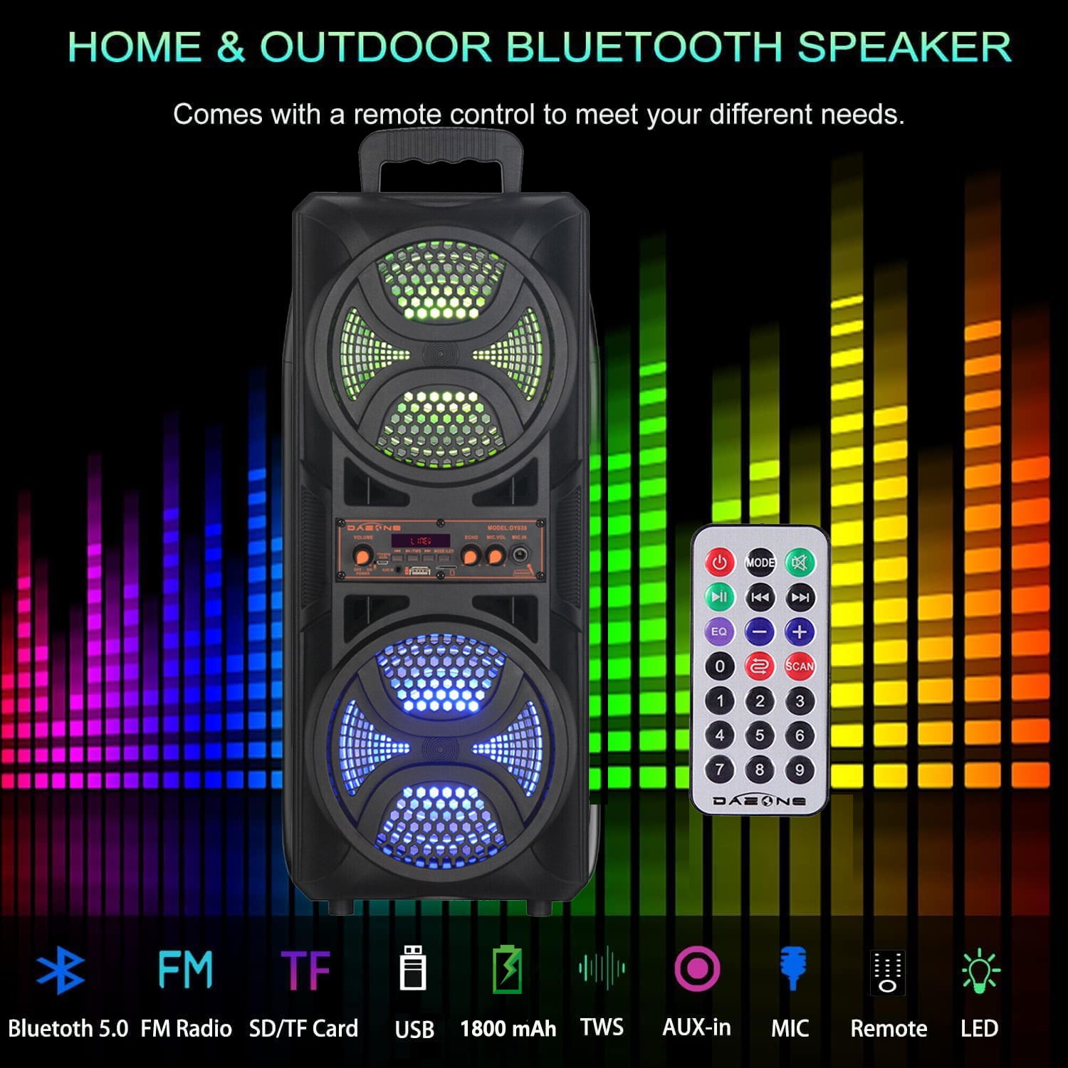 RIDWIND 3000W Peak Power Wireless TWS Portable Loud Party Bluetooth Speaker with Dual 6.5" Woofer LED Colorful Lights Microphone Remote Control Support FM/TF/USB/AUX