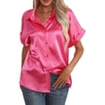 thumbnail image 1 of Blusa de seda satinada para mujer, camisa informal con botones de un solo pecho, manga corta, cuello vuelto, color rojo rosa L, 1 of 5