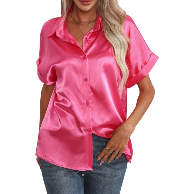 Blusa de seda satinada para mujer, camisa informal con botones de un solo pecho, manga corta, cuello vuelto, color rojo rosa L