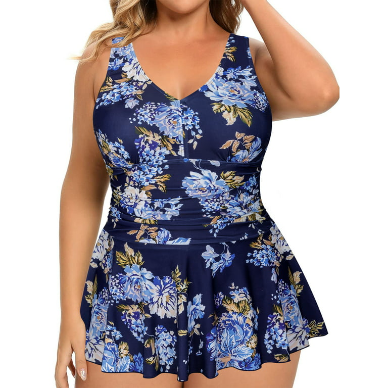 Chama Women's Plus Size Cute Swimdress Bathing Suits V Neck Ruched One  Piece Swimsuits 