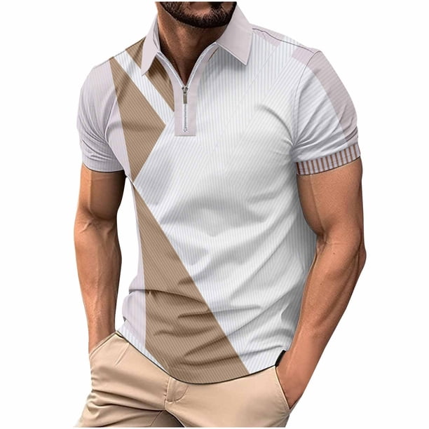 pstuiky Mangas cortas para hombre, Camisa de manga corta con cuello abatible y cremallera para hombre, a la moda y de ocio camisas casuales para hombre xl