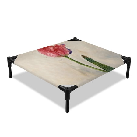 Vintage Red Tulip Elevated Dog Bed Minimalist Botanical Green Leaf Classic Cooling Breathable Outdoor Raised Dog Cot Bed with Metal Frame Non-Slip Feet for Small Dog 20x20in