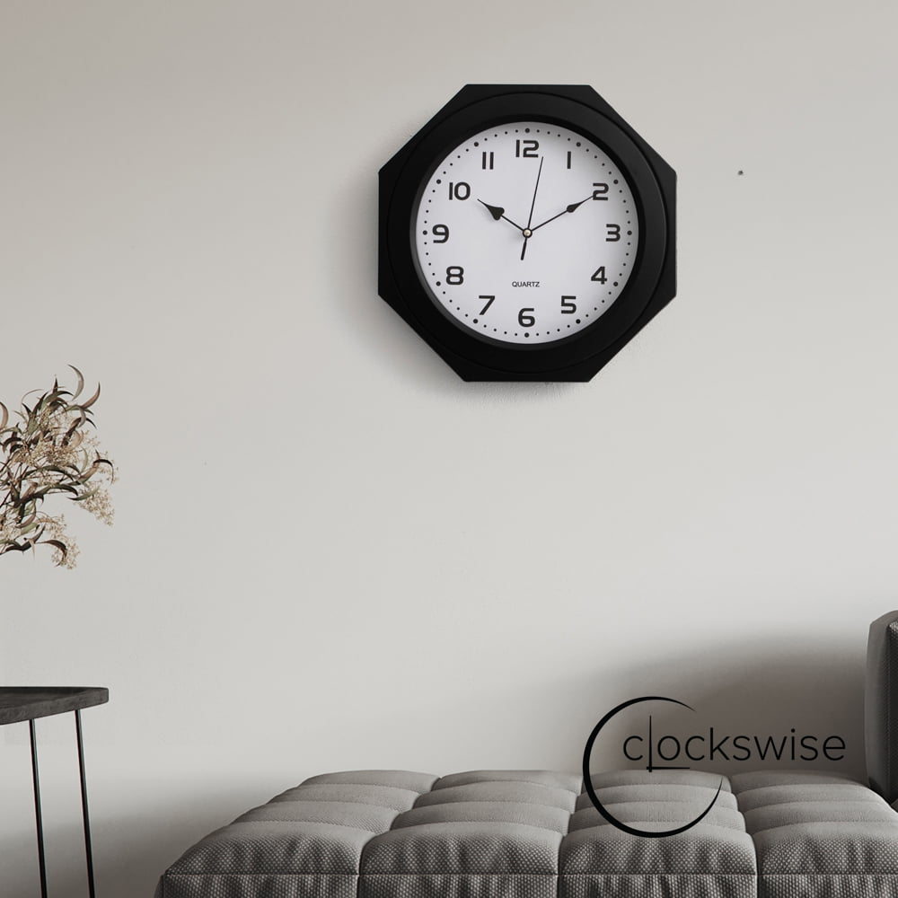 Clockswise 12-inch Non-Ticking Octagon Plastic Analog Wall Clock - Elegant Decorative Accent for Home Décor in Bedroom, Bathroom, Living Room, Dining Room, Entryway, Hallway, Kitchen or Office, Black