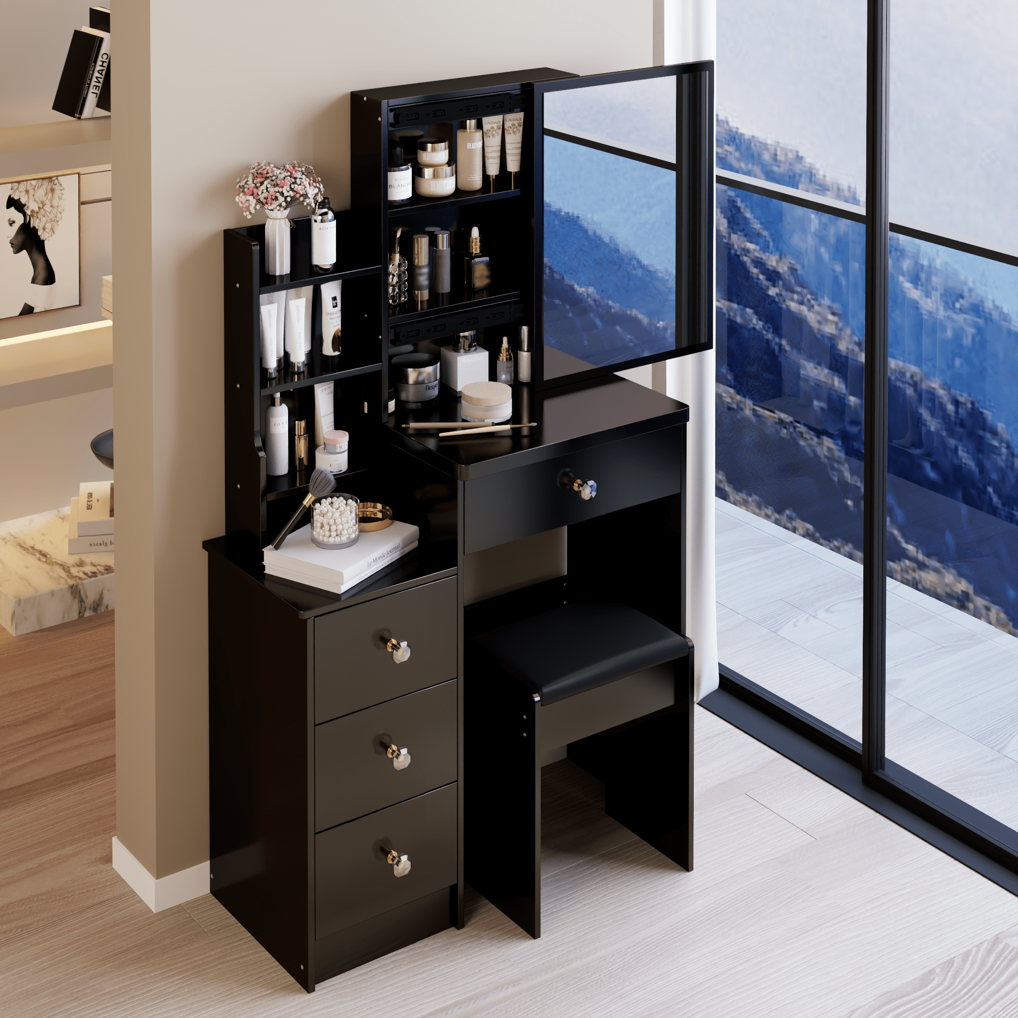 29.2" Small Space Left Bedside Cabinet Vanity Table + Cushioned Stool, Extra Large Right sliding mirror, Multi Layer High Capacity Storage, Practical Fashionable Dresser, Suitable For Small Space