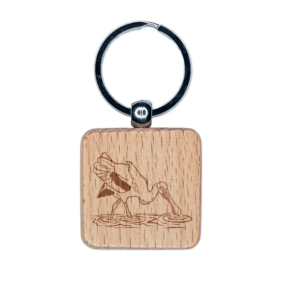 Roseate Spoonbill Wading in Water Bird Square Keychain Charm Tag - Engraved Wood