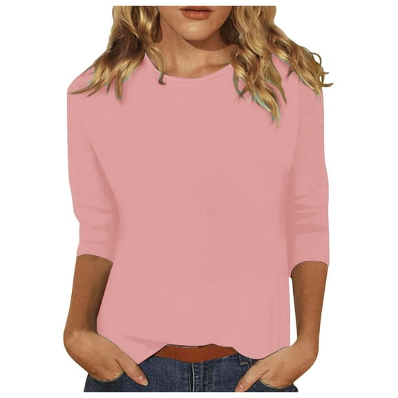Aihuaihua 3/4 Sleeve Sleep Shirt Crew Neck T-Shirts and Casual Wear Solid Winter Blouses Fall Shirts for Women 2025 Trendy Pink L