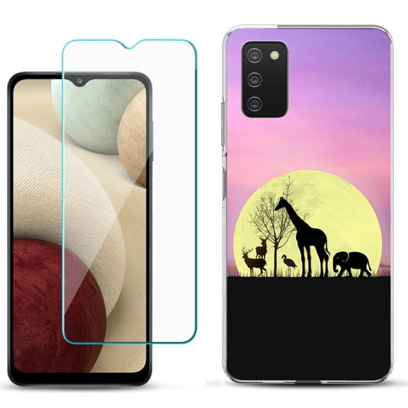 Slim-Fit TPU Phone Case Compatible with Samsung Galaxy A02s, with Tempered Glass Screen Protector, by OneToughShield ® - Moonlight Safari