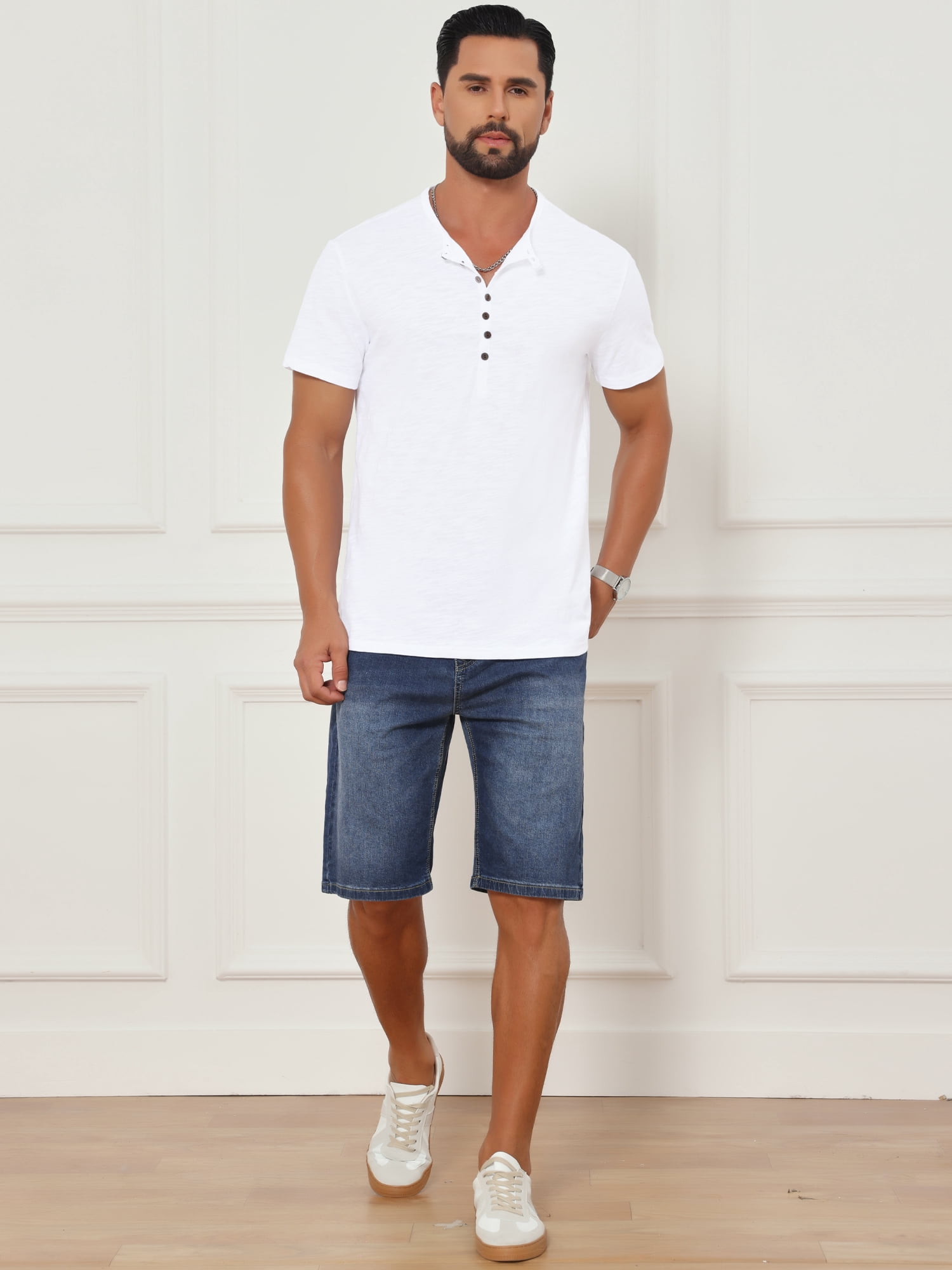 DARING DIVA Men's Retro Henley Texture Button Down Short Sleeve T-Shirt S White