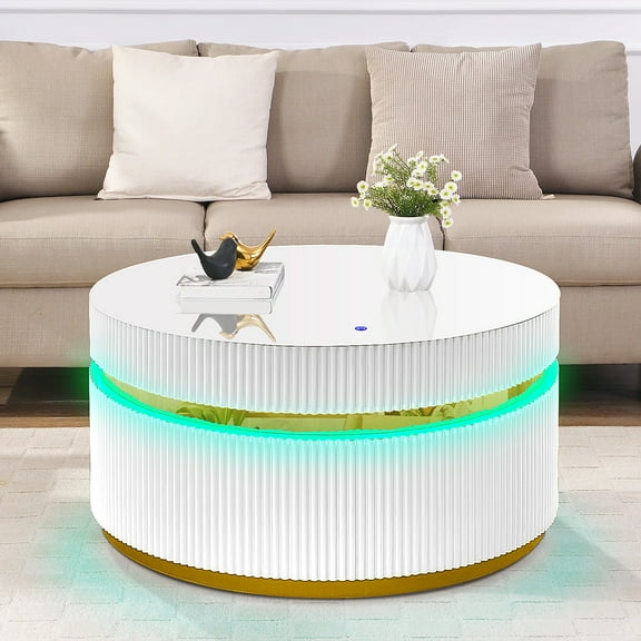 White Coffee Table With , 39" Round Glass Top, 4 Colour Modes, Sophisticated Base, Glistening Gold Brim & Led Lights, Model, Settings, Intricate Gleaming