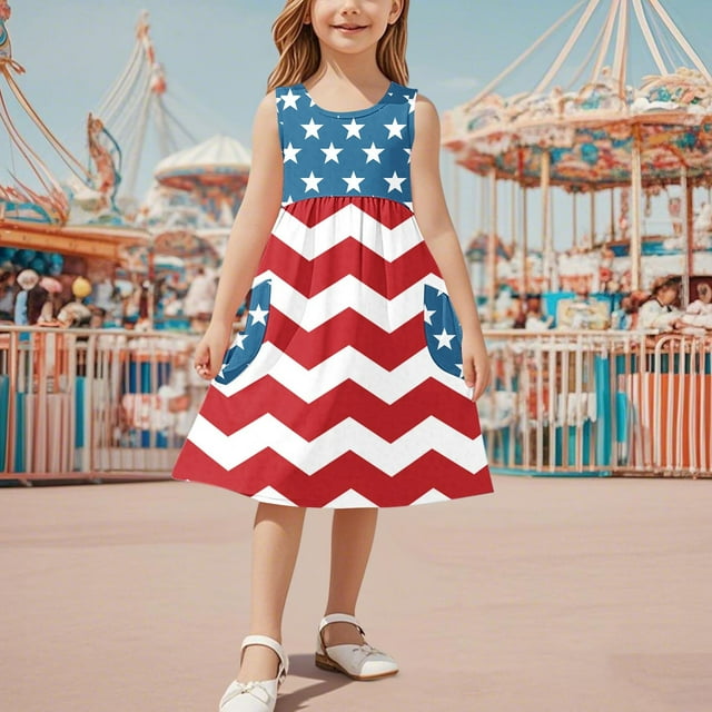 MKOSPLRT Robe d'Été pour Fille 4 Juillet Sans Manches Col Ras du Cou Robe Patriotique Imprimé Étoiles et Rayures Robe Midi avec Poche 3-14 Ans