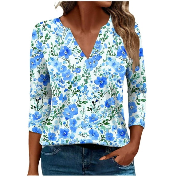 CYMMPU Blouses for Women Dressy Casual V Neck 3/4 Sleeve Tunic Tops Floral Pattern Loose Fit Summer Trendy Shirts Spring Tops Business Elegant Work Tops T-Shirts Multicolor XXXXXL