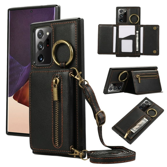Decase Compatible with Samsung Galaxy Note 20 Ultra Case with Card Holder and Strap for Women,Crossbody Lanyard,Stand Ring Kickstand,Snap Clasp,Phone Wallet Case,Black