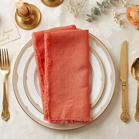 Fringed Linen Napkins Set of 4 | 20x20 Raw Edge Cloth Napkins for Wedding Decor, Rustic Tablescape & Coastal Dining | Stonewashed Softness (Caramel)