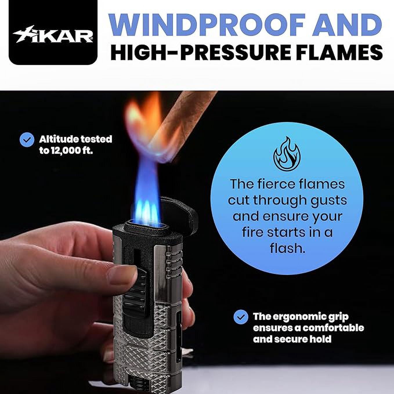 Xikar Tactical Triple Jet Flame Lighter, Ergonomic Metal Body, Gunmetal & Black